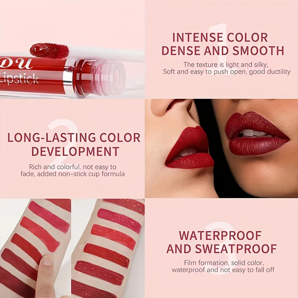 6Pcs Matte Liquid Lipstick Set, Waterproof Velvet Lip Glaze, Non Transfer Lip Stain, Nude & Red Shades for Daily & Party Makeup