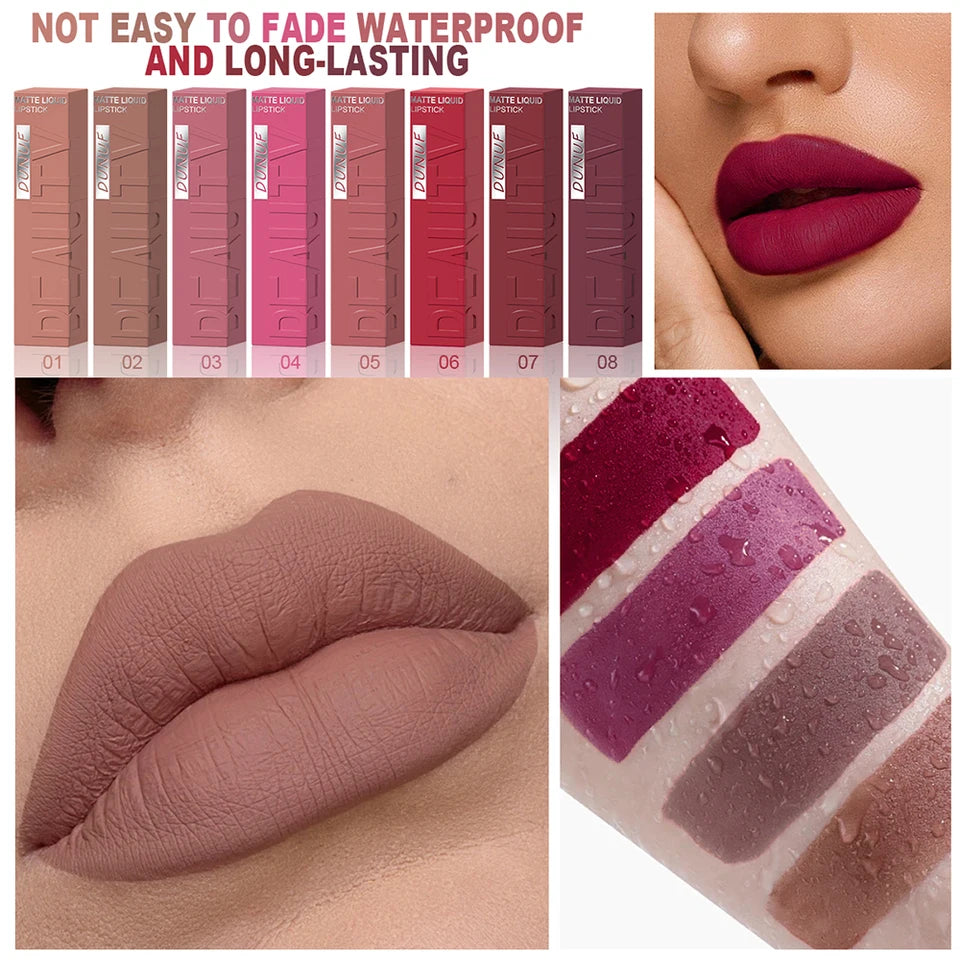 8pcs/set Matte Velvet Lip Gloss Lipstick Lip Stain Waterproof Non-transfer Highly Pigmented Nude Red Y2K Sexy Daily&Party Makeup