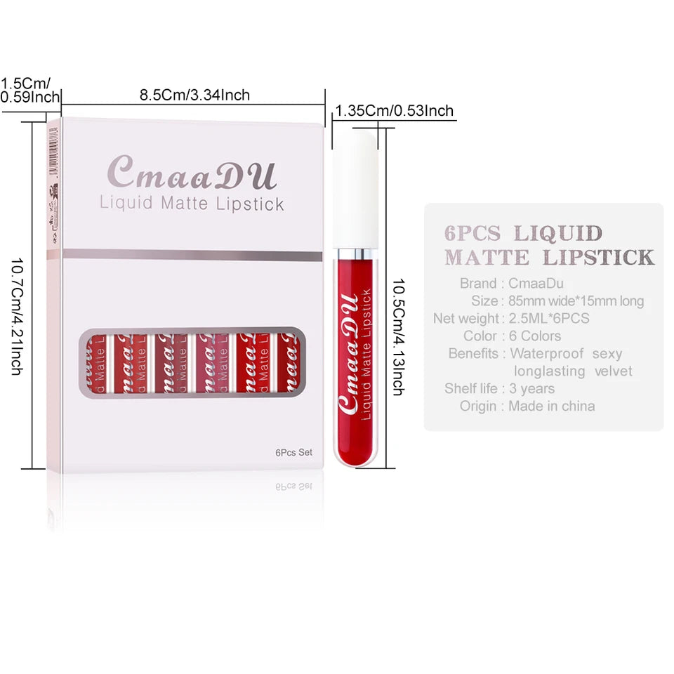 6Pcs Matte Liquid Lipstick Set, Waterproof Velvet Lip Glaze, Non Transfer Lip Stain, Nude & Red Shades for Daily & Party Makeup