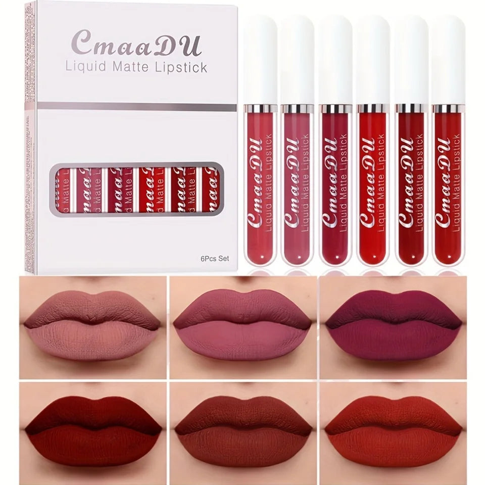 6Pcs Matte Liquid Lipstick Set, Waterproof Velvet Lip Glaze, Non Transfer Lip Stain, Nude & Red Shades for Daily & Party Makeup