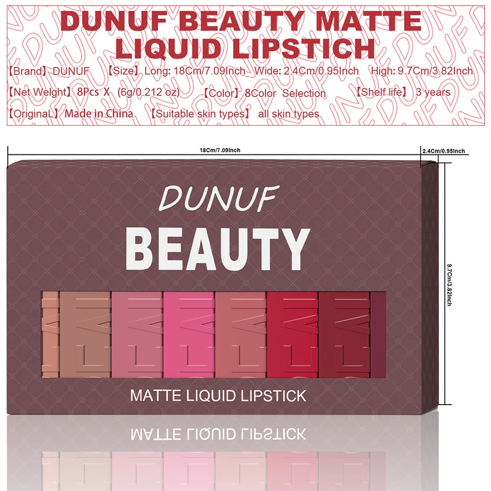 8pcs/set Matte Velvet Lip Gloss Lipstick Lip Stain Waterproof Non-transfer Highly Pigmented Nude Red Y2K Sexy Daily&Party Makeup
