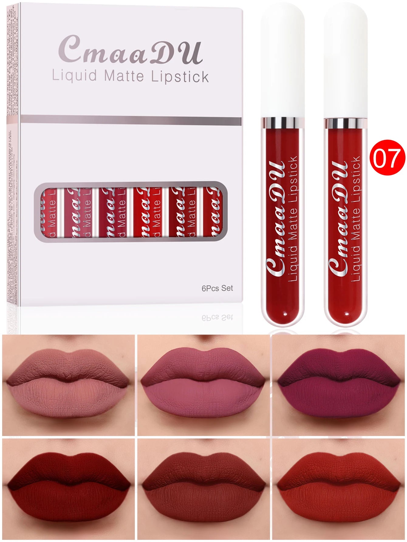 6Pcs Matte Liquid Lipstick Set, Waterproof Velvet Lip Glaze, Non Transfer Lip Stain, Nude & Red Shades for Daily & Party Makeup