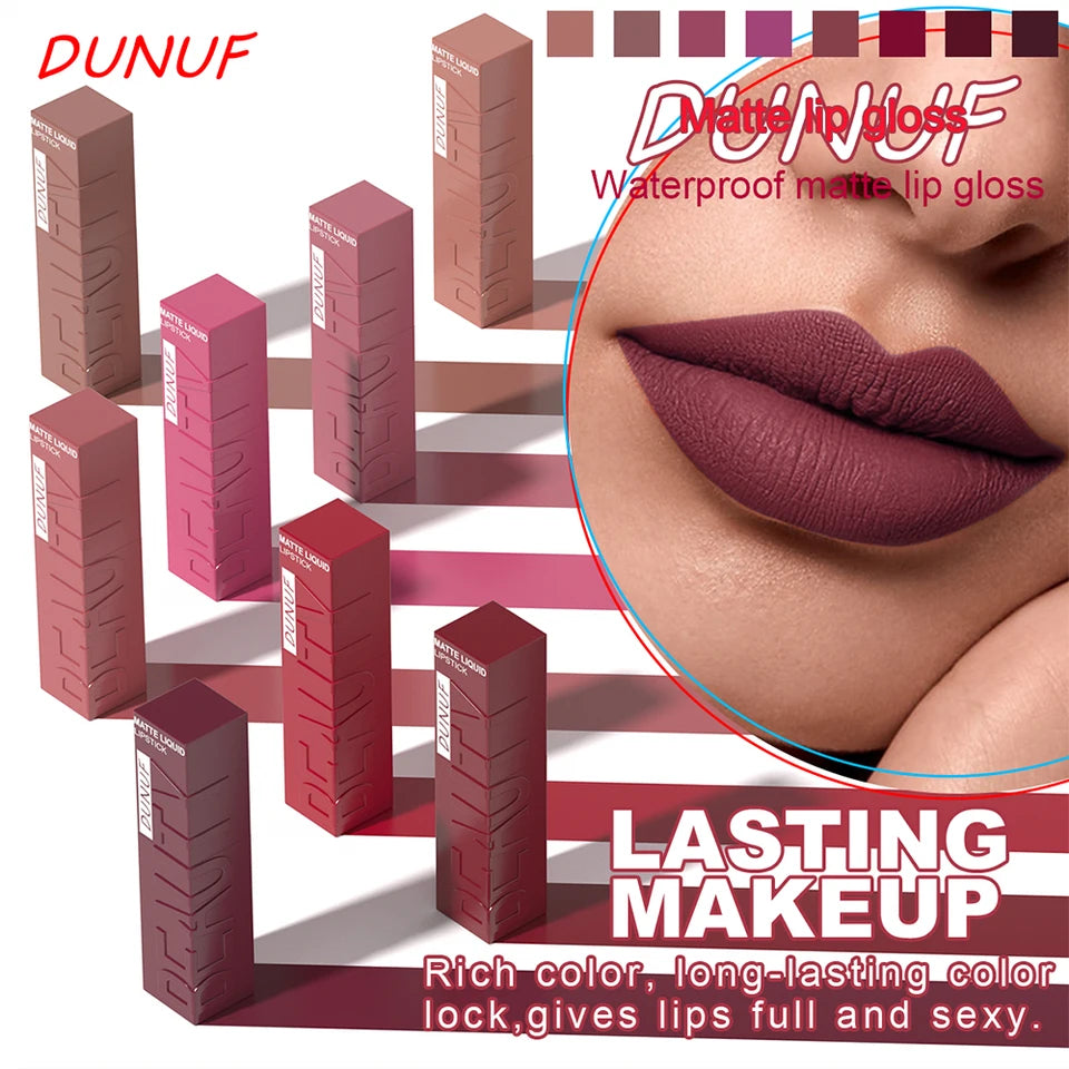8pcs/set Matte Velvet Lip Gloss Lipstick Lip Stain Waterproof Non-transfer Highly Pigmented Nude Red Y2K Sexy Daily&Party Makeup