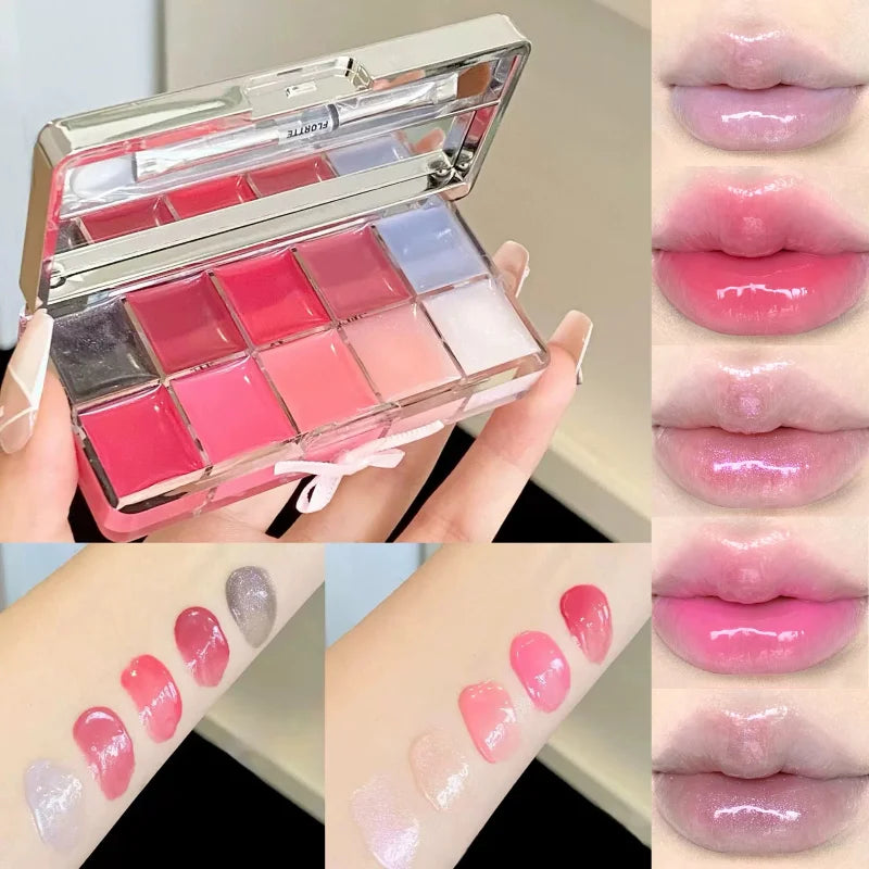 FLORTTE Brand Real 10-Color Lip Palette Lip Gloss and Lipstick Glossy Moisturizing Pigmented Multifunctional Original Cosmetics