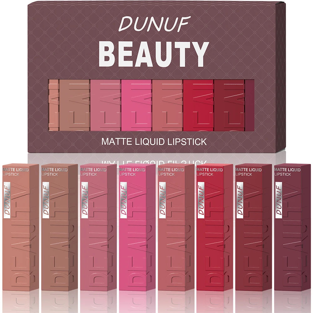8pcs/set Matte Velvet Lip Gloss Lipstick Lip Stain Waterproof Non-transfer Highly Pigmented Nude Red Y2K Sexy Daily&Party Makeup