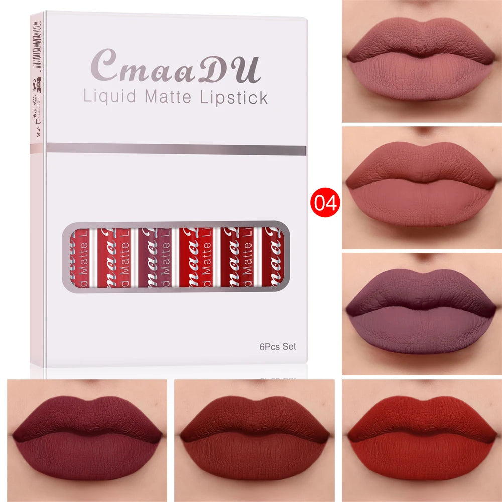 6Pcs Matte Liquid Lipstick Set, Waterproof Velvet Lip Glaze, Non Transfer Lip Stain, Nude & Red Shades for Daily & Party Makeup