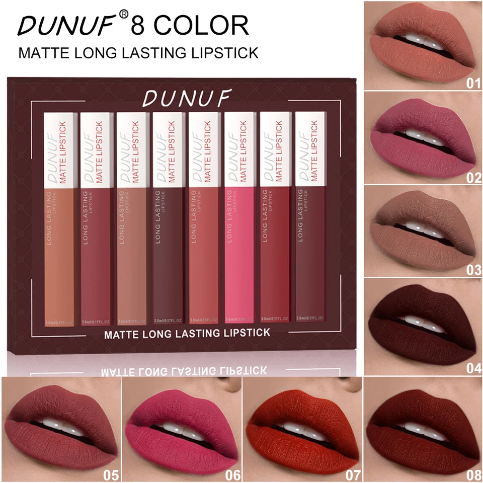 8pc/set Long-Lasting Lip Gloss Matte Waterproof Lipstick Lip Stain Non-transfer Highly Pigmented Nude Red Y2K Daily&Party Makeup