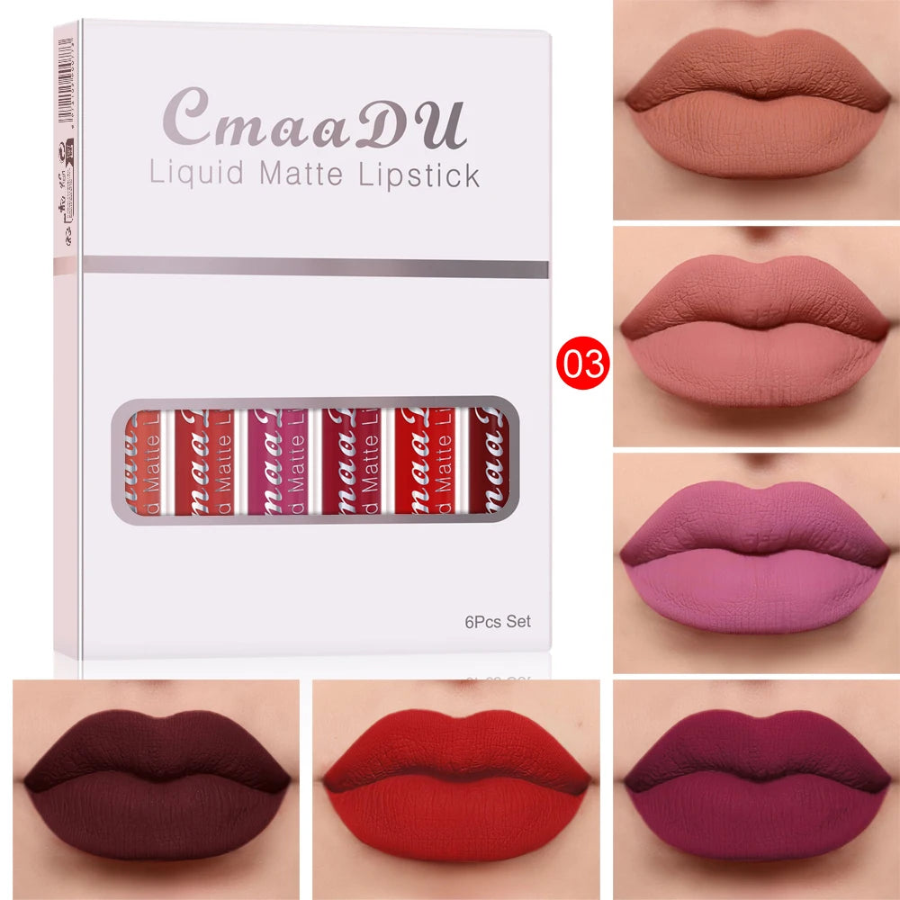 6Pcs Matte Liquid Lipstick Set, Waterproof Velvet Lip Glaze, Non Transfer Lip Stain, Nude & Red Shades for Daily & Party Makeup