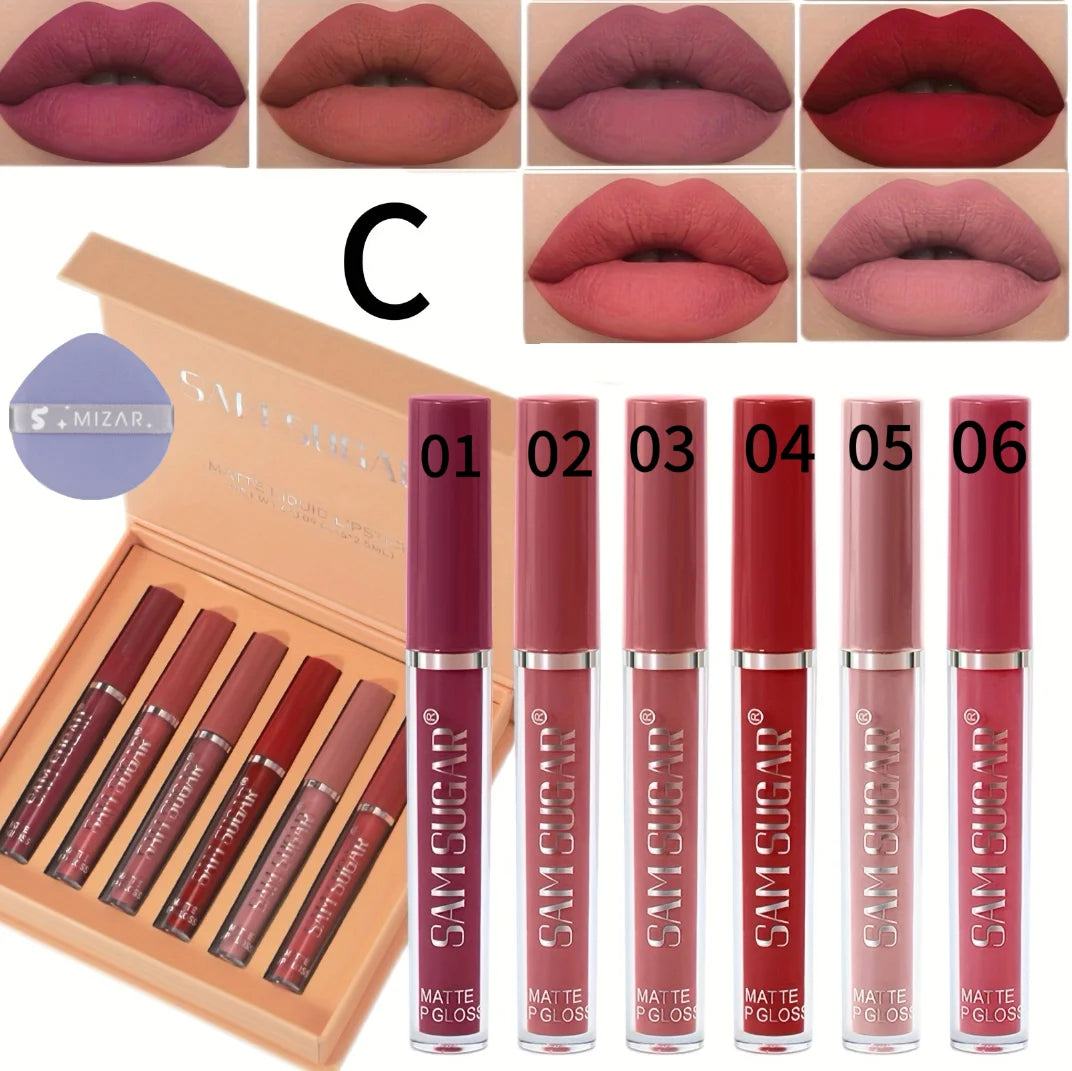 6-piece waterproof lipstick set + lip brush, long-lasting matte lipstick, moisturizing matte lip gloss, suitable for various occasions, a delicate gift for girls for Halloween and Christmas