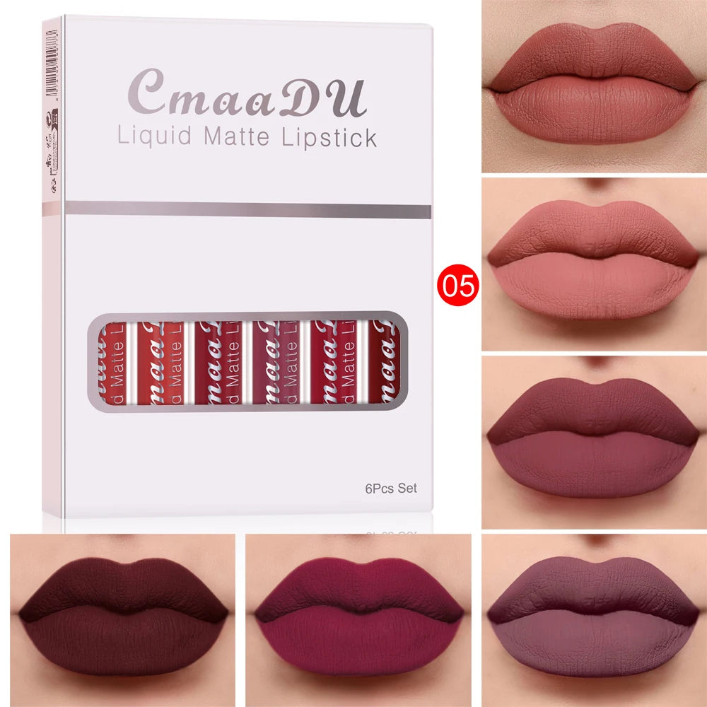 6Pcs Matte Liquid Lipstick Set, Waterproof Velvet Lip Glaze, Non Transfer Lip Stain, Nude & Red Shades for Daily & Party Makeup