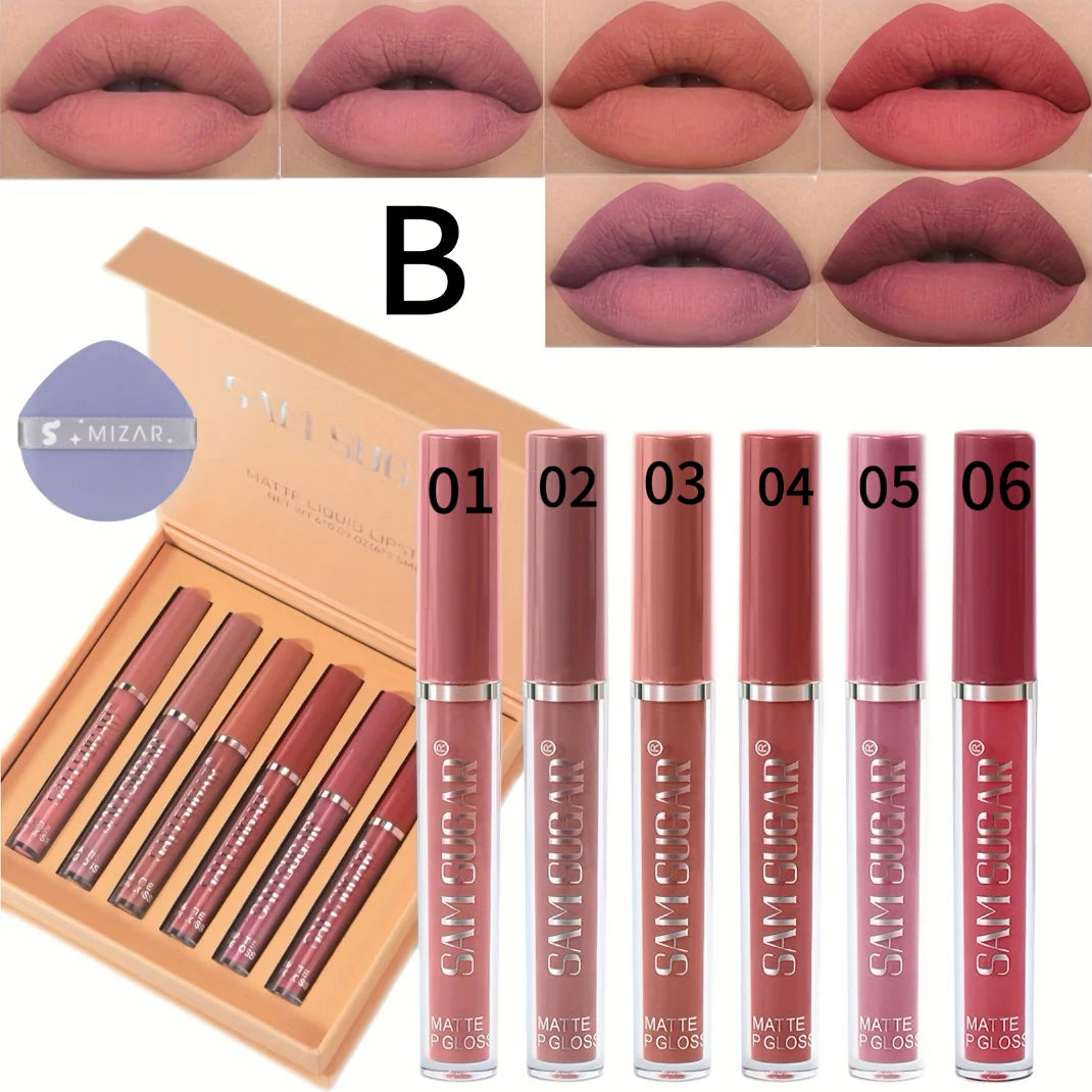 6-piece waterproof lipstick set + lip brush, long-lasting matte lipstick, moisturizing matte lip gloss, suitable for various occasions, a delicate gift for girls for Halloween and Christmas