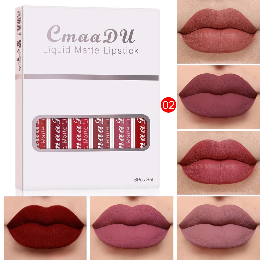 6Pcs Matte Liquid Lipstick Set, Waterproof Velvet Lip Glaze, Non Transfer Lip Stain, Nude & Red Shades for Daily & Party Makeup