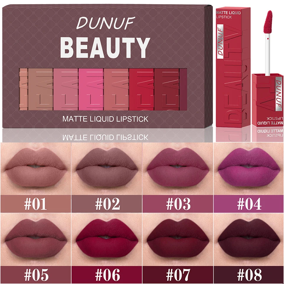 8pcs/set Matte Velvet Lip Gloss Lipstick Lip Stain Waterproof Non-transfer Highly Pigmented Nude Red Y2K Sexy Daily&Party Makeup