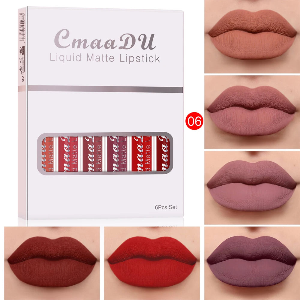 6Pcs Matte Liquid Lipstick Set, Waterproof Velvet Lip Glaze, Non Transfer Lip Stain, Nude & Red Shades for Daily & Party Makeup