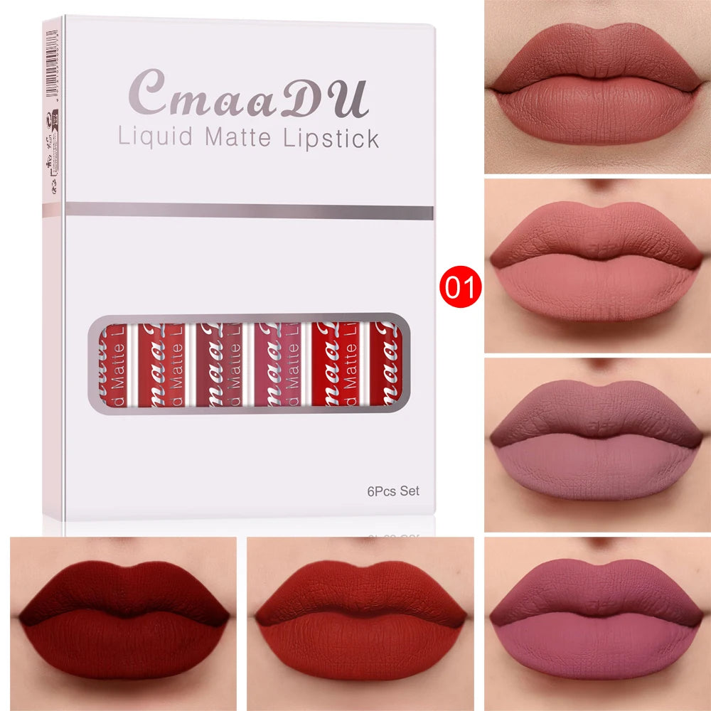 6Pcs Matte Liquid Lipstick Set, Waterproof Velvet Lip Glaze, Non Transfer Lip Stain, Nude & Red Shades for Daily & Party Makeup