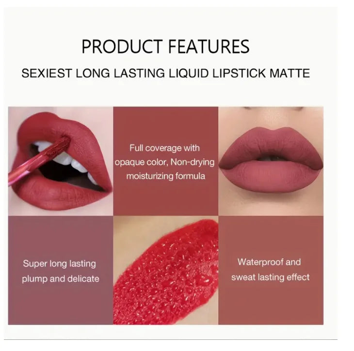 6-piece waterproof lipstick set + lip brush, long-lasting matte lipstick, moisturizing matte lip gloss, suitable for various occasions, a delicate gift for girls for Halloween and Christmas