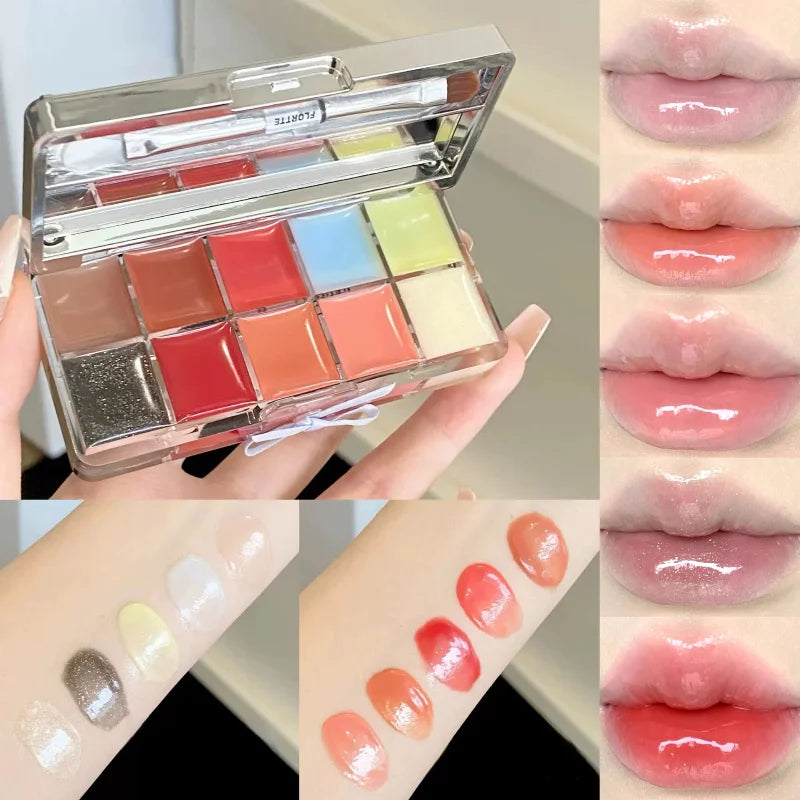 FLORTTE Brand Real 10-Color Lip Palette Lip Gloss and Lipstick Glossy Moisturizing Pigmented Multifunctional Original Cosmetics